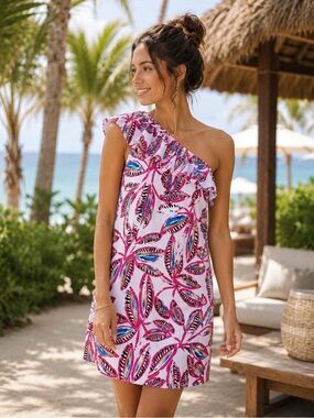 J. crew Tropical Ruffle One Shoulder Dress / Linen Blend / Medium / Vacation